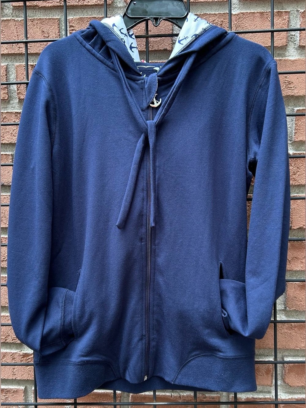 Intapop Navy Blue Zip Hoodie with Anchor Lined Hood converts to Drawstring Bag